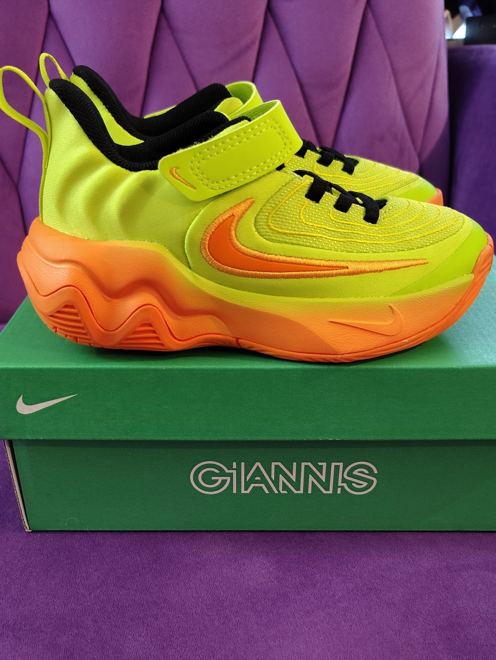 Nike Kids Neon Yellow and Orange Giannis Sneakers